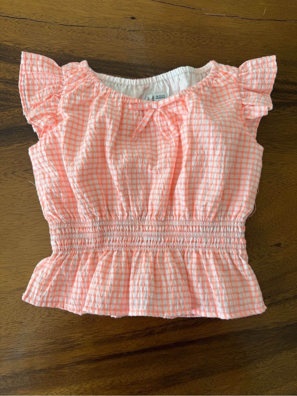 Janie and Jack Peach Gingham Smocked Flutter Top 18-24M